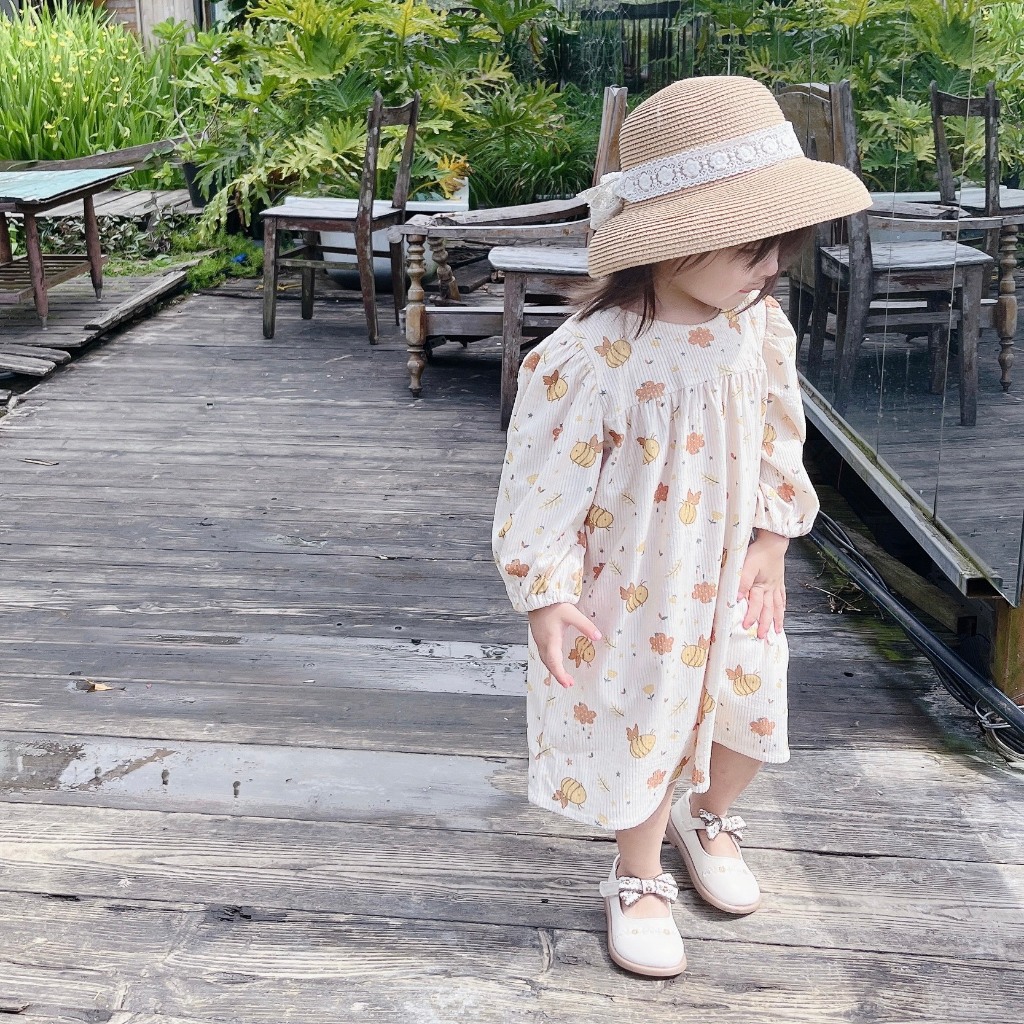 Váy đầm bé gái dáng babydoll dài tay cho bé đi học, đi chơi
