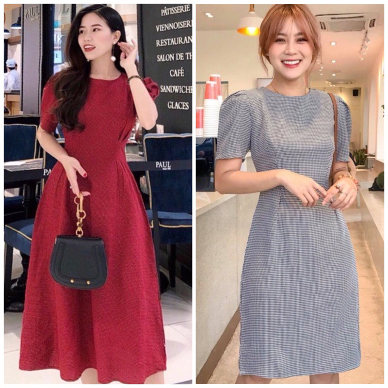 Đầm caro xếp li eo 2 màu (kèm hình thật)