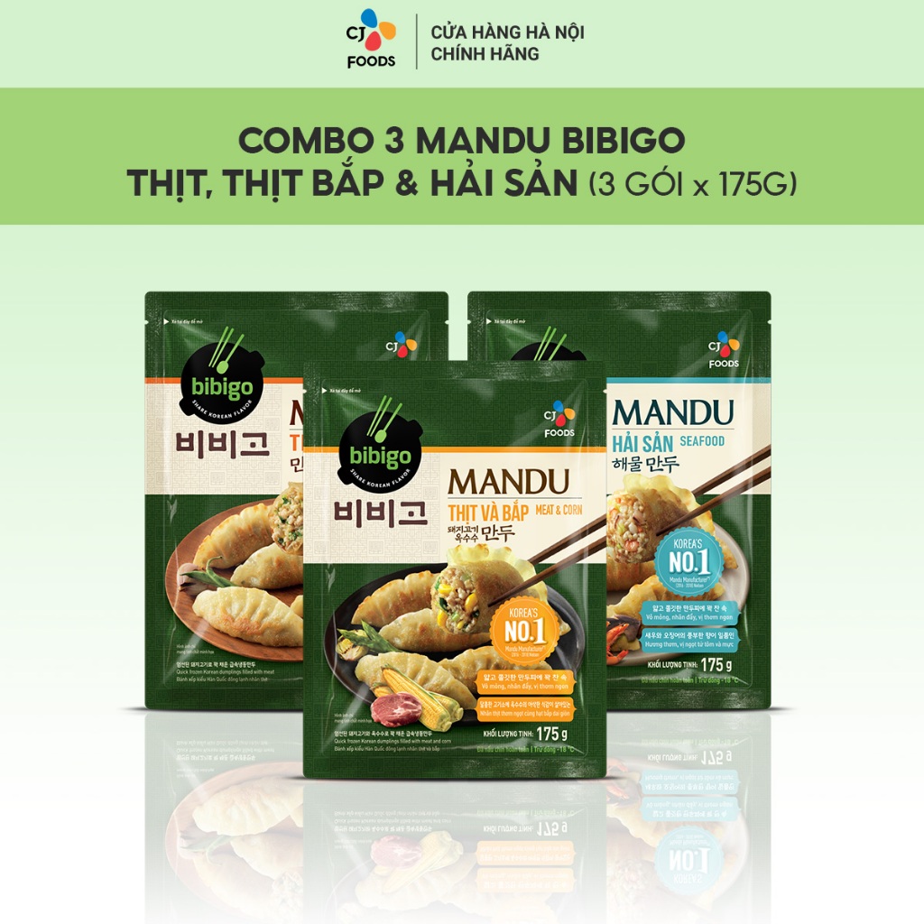 COMBO 03 Bánh xếp Mandu Hàn Quốc Bibigo - Thịt, Thịt và bắp, Hải sản