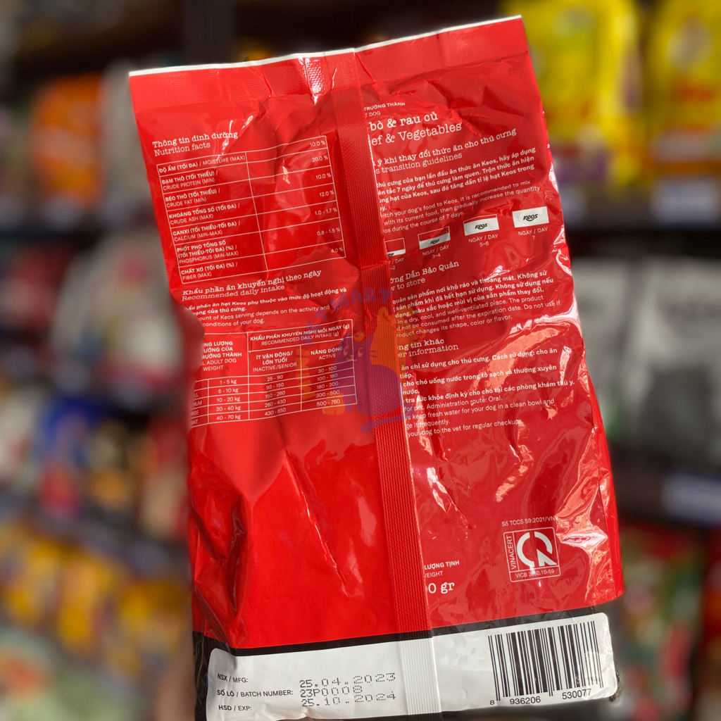 Hạt KEOS Cho Chó Trưởng Thành Trên 12 Tháng Tuổi Bổ Sung Chất Xơ Hương Vị Thịt Bò và Rau Củ Gói 400g - Mini Pet Mart