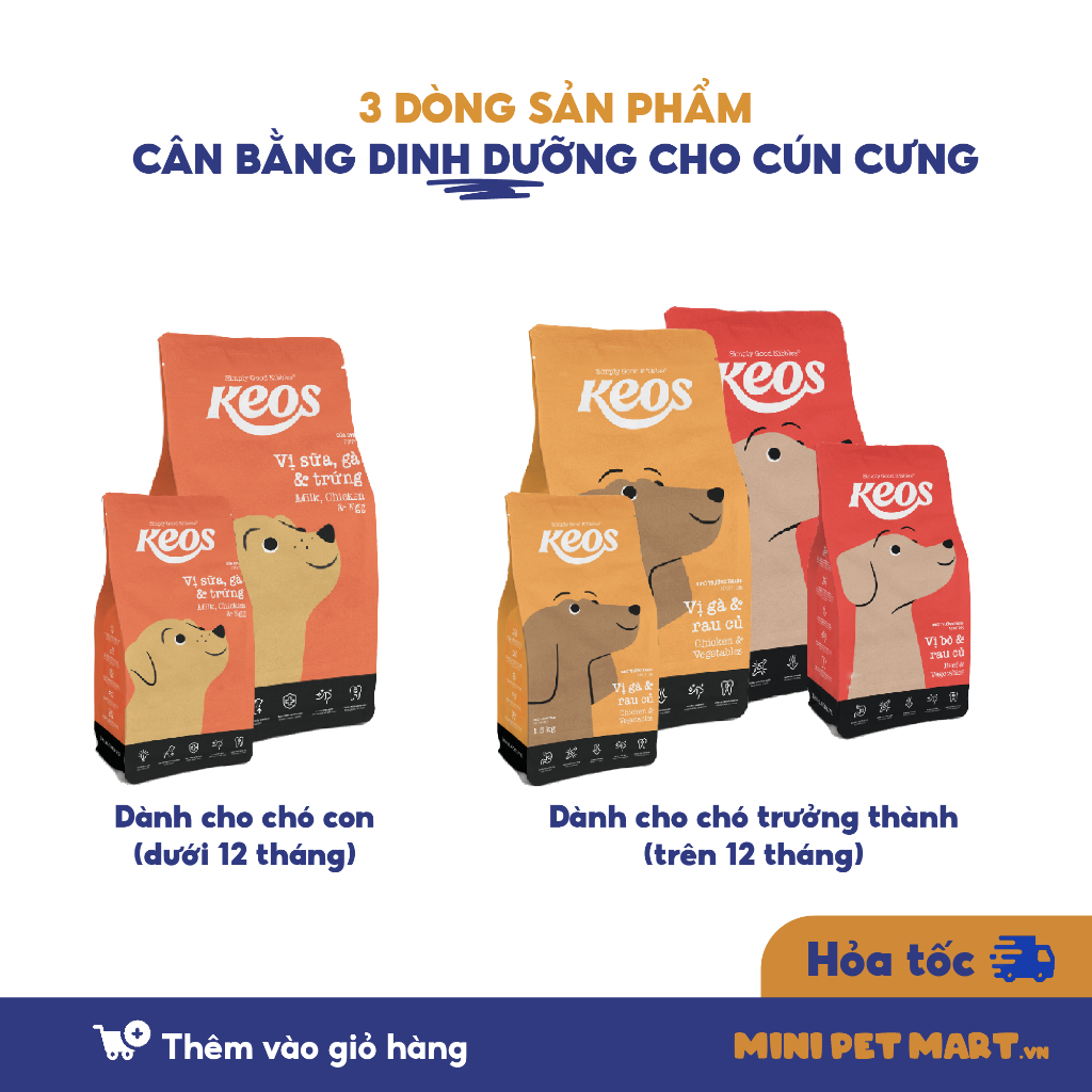 Hạt KEOS Cho Chó Trưởng Thành Trên 12 Tháng Tuổi Bổ Sung Chất Xơ Hương Vị Thịt Bò và Rau Củ Gói 400g - Mini Pet Mart