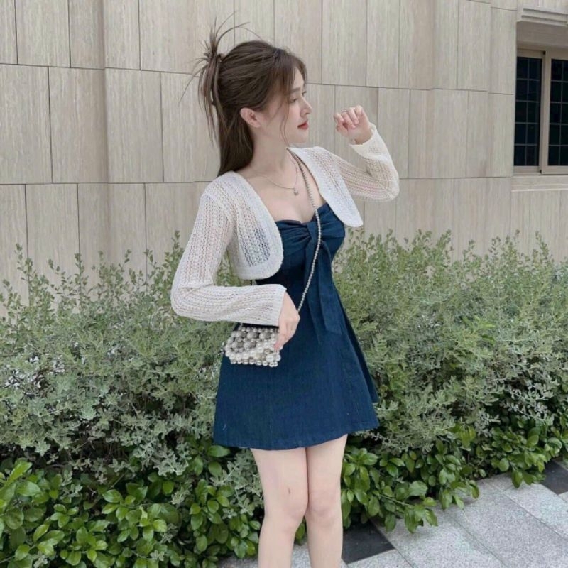 Set đầm váy nữ chất jean sang chảnh Đầm nơ ngực kèm áo khoác lửng fom siêu xinh
