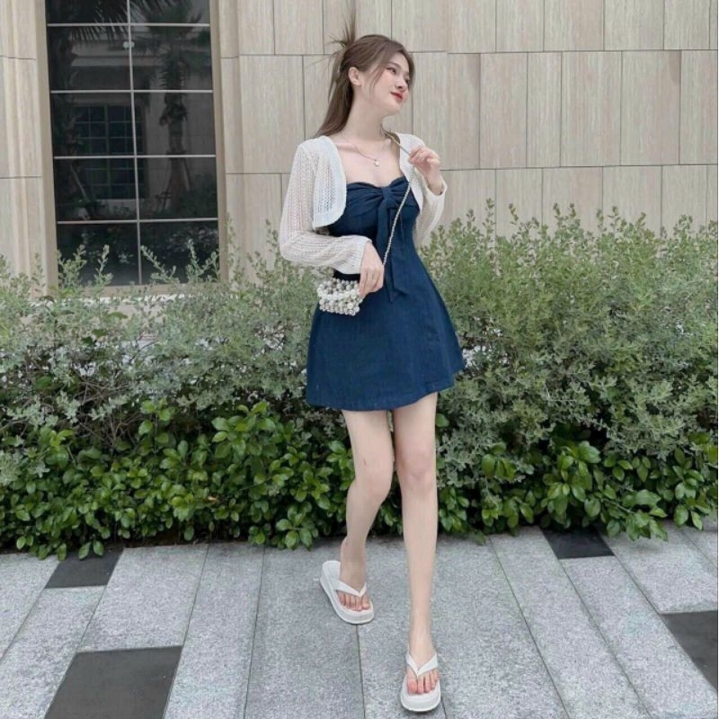Set đầm váy nữ chất jean sang chảnh Đầm nơ ngực kèm áo khoác lửng fom siêu xinh