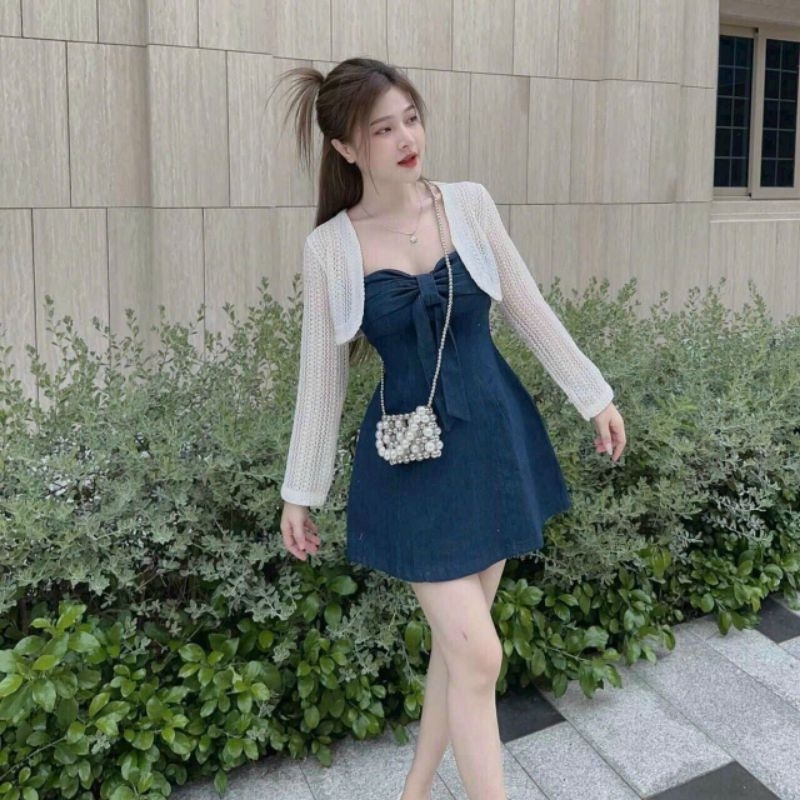 Set đầm váy nữ chất jean sang chảnh Đầm nơ ngực kèm áo khoác lửng fom siêu xinh