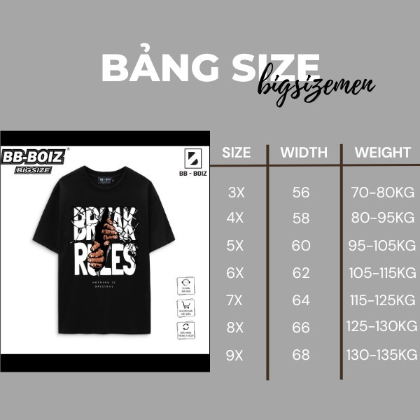 Bigsize - Áo thun BB - Boiz nam form size từ 70kg -135kg