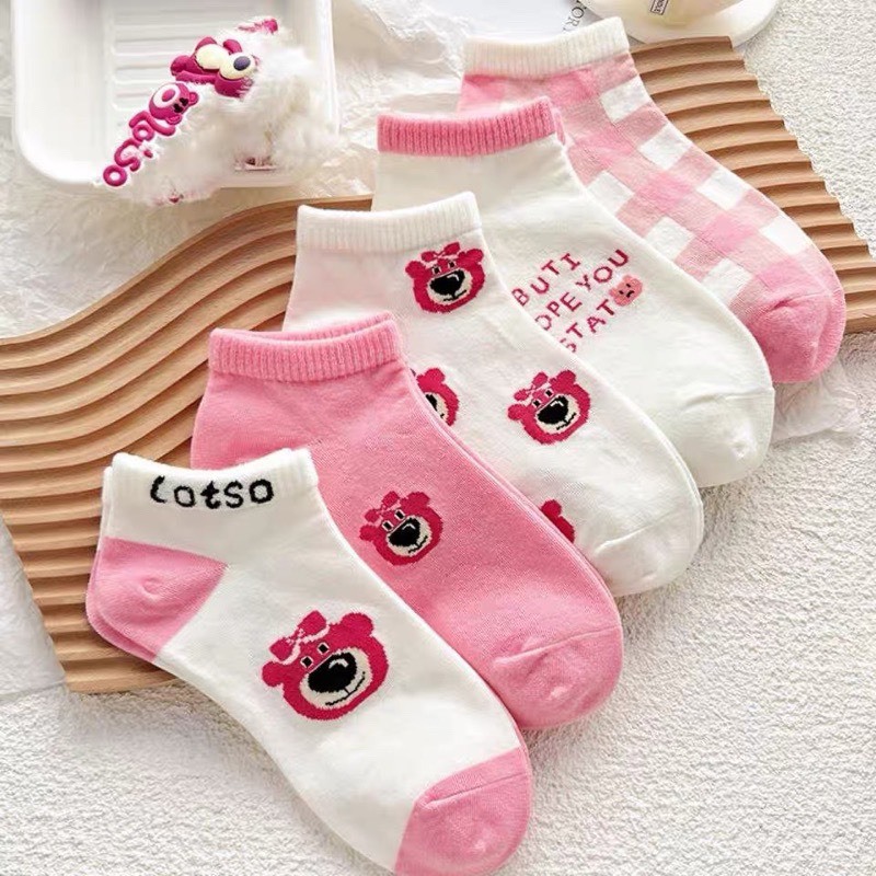 Sét 5 Đôi Tất Vớ Nữ Họa Tiết Dâu Hồng Kẻ Dễ Thương Phong Cách Hàn TDH