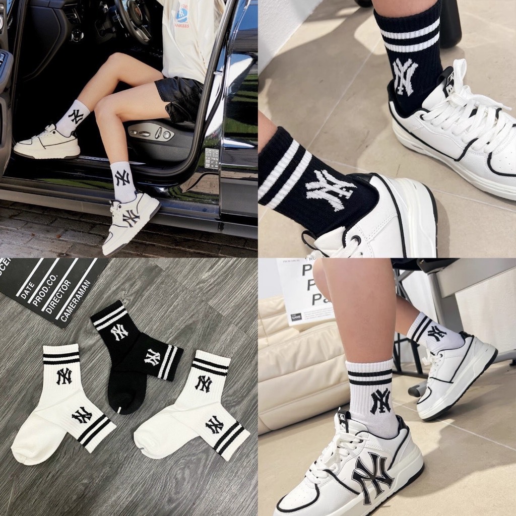 Tất Nam Nữ Kẻ Sọc Cổ Cao Thể Thao Chất Coton Thoáng Khí Chữ NY