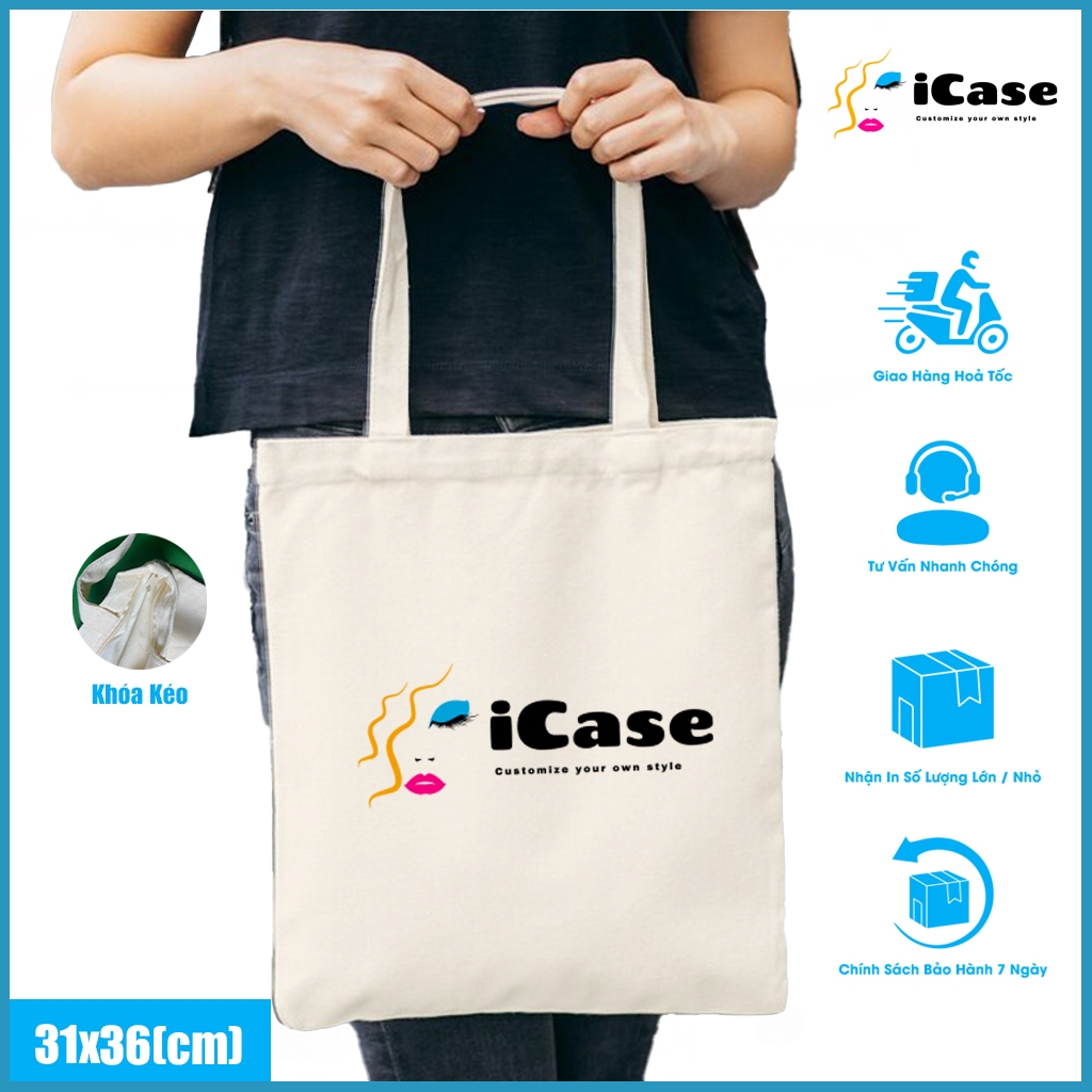 Túi vải Canvas iCase [ có khóa kéo ] in logo theo yêu cầu không giới hạn số lượng kích thước 31x36cm