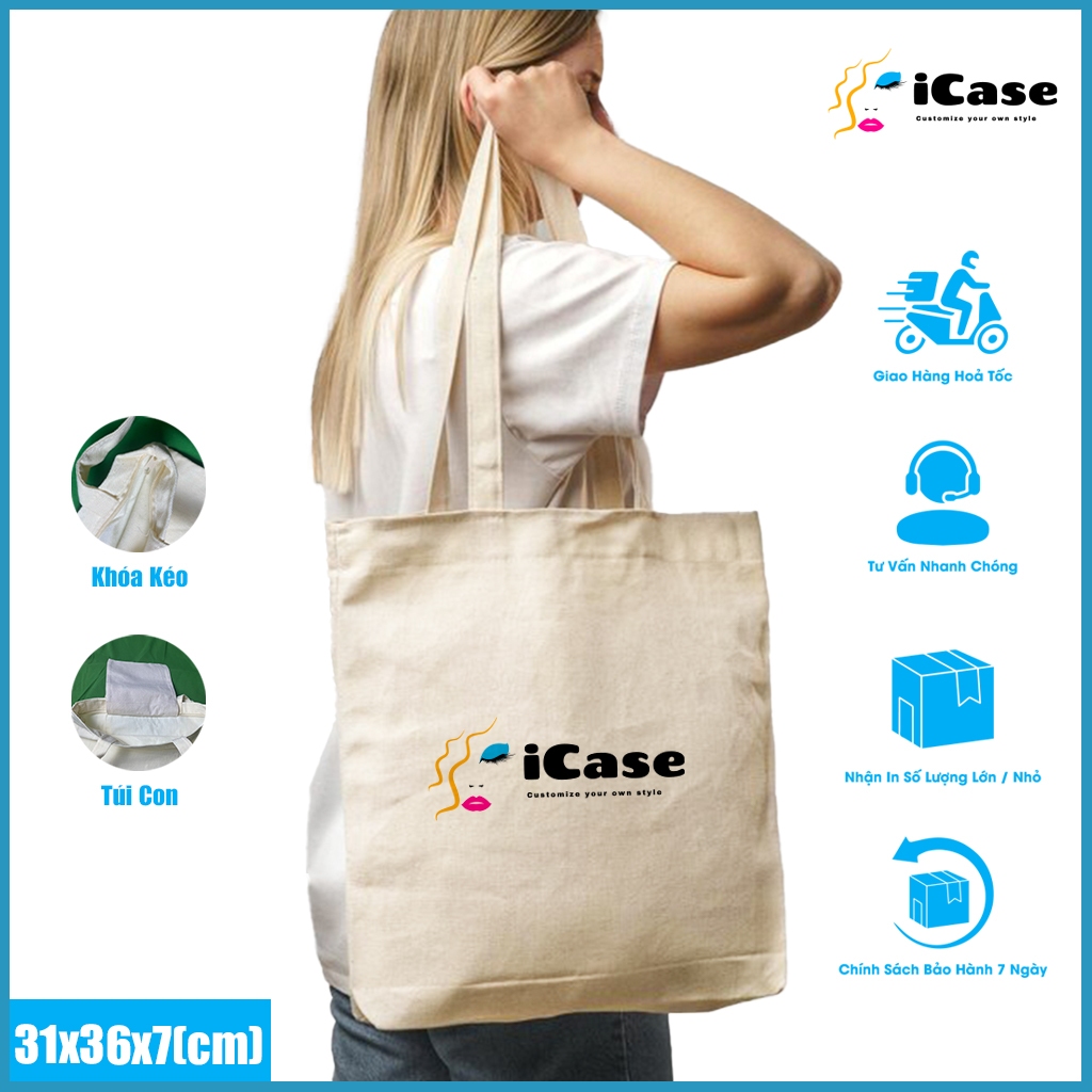 Túi vải Canvas iCase [ có khóa + túi con ] in logo theo yêu cầu không giới hạn số lượng kích thước 31x36cm