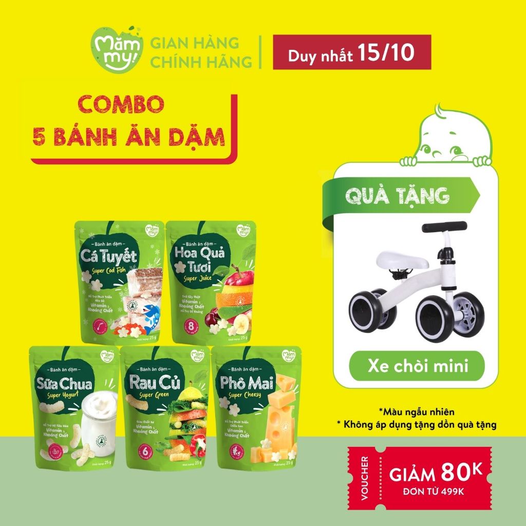 Combo 5 bánh ăn dặm Mămmy vị rau củ, phô mai, trái cây, cá tuyết