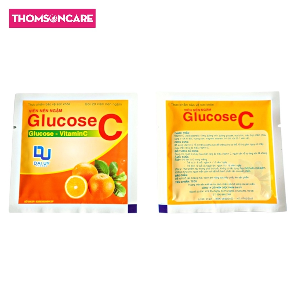 Kẹo vitamin C Glucose C Đại Uy, tăng sức đề kháng, giảm chảy máu chân răng, vị cam thơm ngon - Gói 20 viên