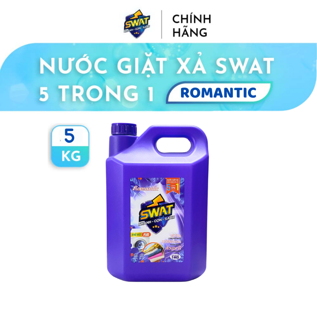 Nước Giặt Xả 5 in 1 SWAT siêu thơm Can dung tích Khổng Lồ 5 Kg siêu tiết kiệm giúp diệt khuẩn lưu hương lâu