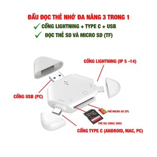 Đầu đọc thẻ nhớ đa năng 3 trong 1 cho thẻ SD, TF trên điện thoại IP 5-15 + Android + Mac, Laptop
