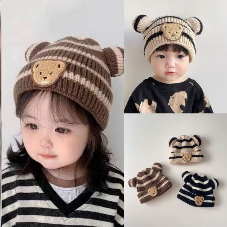 Mũ len hình gấu phối kẻ phong cách Hàn Quốc dày dặn, ấm áp và đáng yêu cho bé