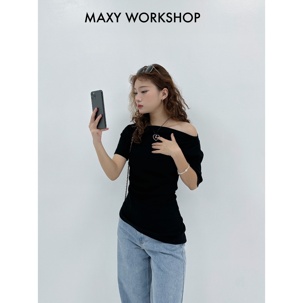 Áo thun tay ôm tay ngắn xếp ly tà xéo Side Sleeve Top Maxy Workshop