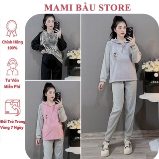 Bộ bầu nỉ thu đông có mũ dài tay có chỉnh chun bụng tiện lợi mặc trước và sau sinh - bộ quần áo mặc nhà mẹ bầu