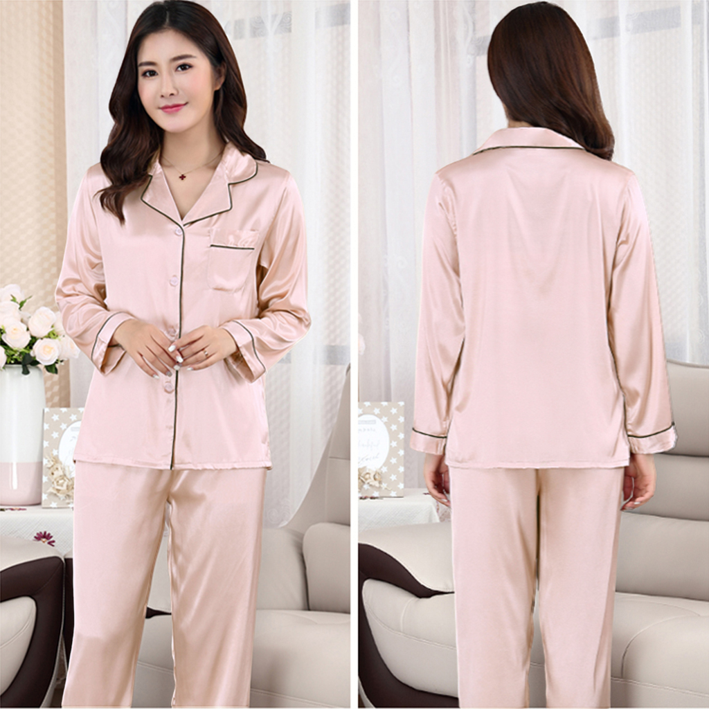 Pijama Lụa Dài Tay Mặc Nhà Nữ Phối Viền Lụa Xước Hàn Cao Cấp, Đồ Bộ Pijama Mặc Nhà Nữ Dài Tay Lụa Xước Hàn Mềm Mịn