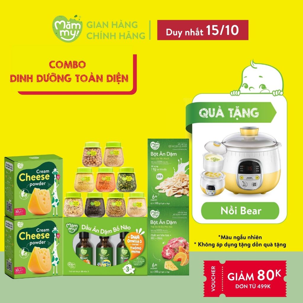 Combo dinh dưỡng toàn diện cho bé Mămmy bao gồm set 9 hạt quý, 2 hộp phô mai, 3 dầu 30ml, bột yến mạch và bột thịt bò