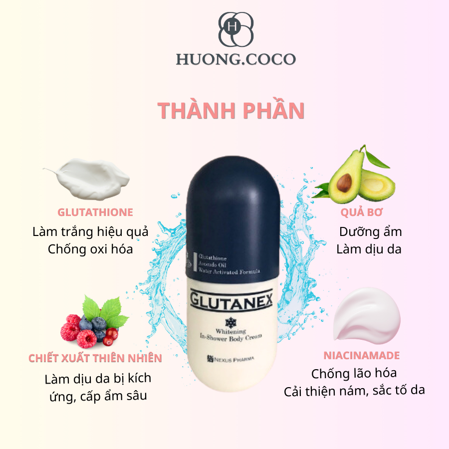 Sữa Tắm Dưỡng Trắng Da Toàn Thân Glutanex Whitening In Shower Body Cream 300ml Chiết Xuất Tự Nhiên Giúp Da Ẩm Mượt