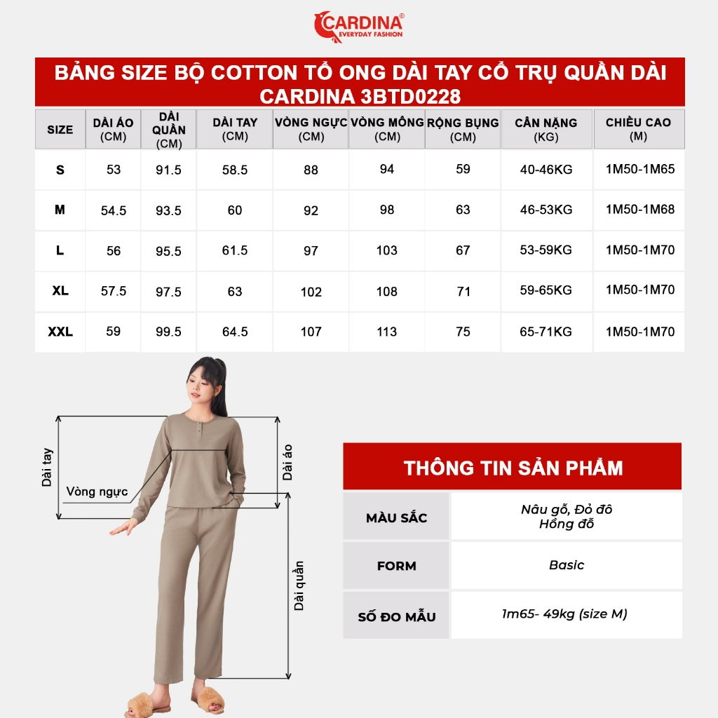 Đồ Bộ Nữ 𝐂𝐀𝐑𝐃𝐈𝐍𝐀 Chất Cotton Tổ Ong Dài Tay Cổ Trụ Co Dãn Thoái Mái Ôm Vừa Tôn Dáng 3BTD02