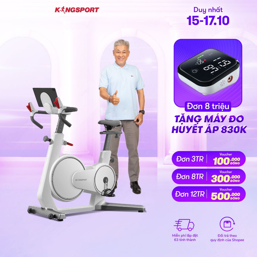 Xe đạp tập thể dục tại nhà Kingsport BK-5813 tải trọng tối đa 120kg, tích hợp đồng hồ thông minh đo các thông số khi tập