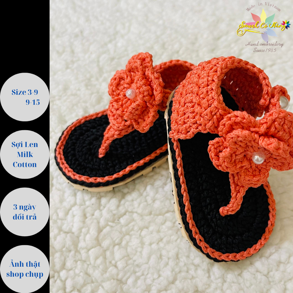Dép đan móc sợi cotton màu cam dép tập đi chống trơn bé gái 0-15 tháng dép xỏ ngón hanmade SKUXNCD