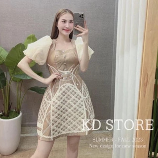 Váy KD tafta kê ren phối tay bông V170