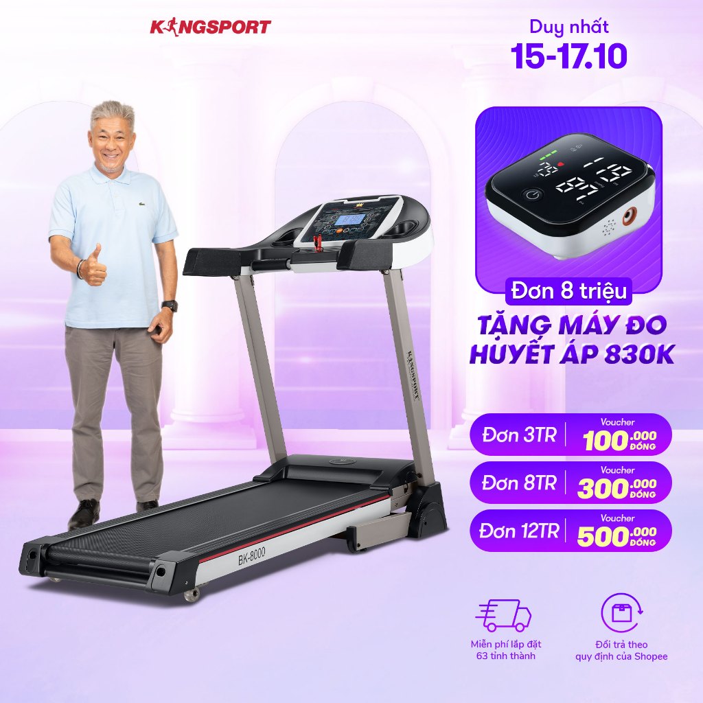 Máy chạy bộ Kingsport BK-8000 đơn năng tốc độ tối đa đến 14km/h, kết hợp cảm biến nhịp tim
