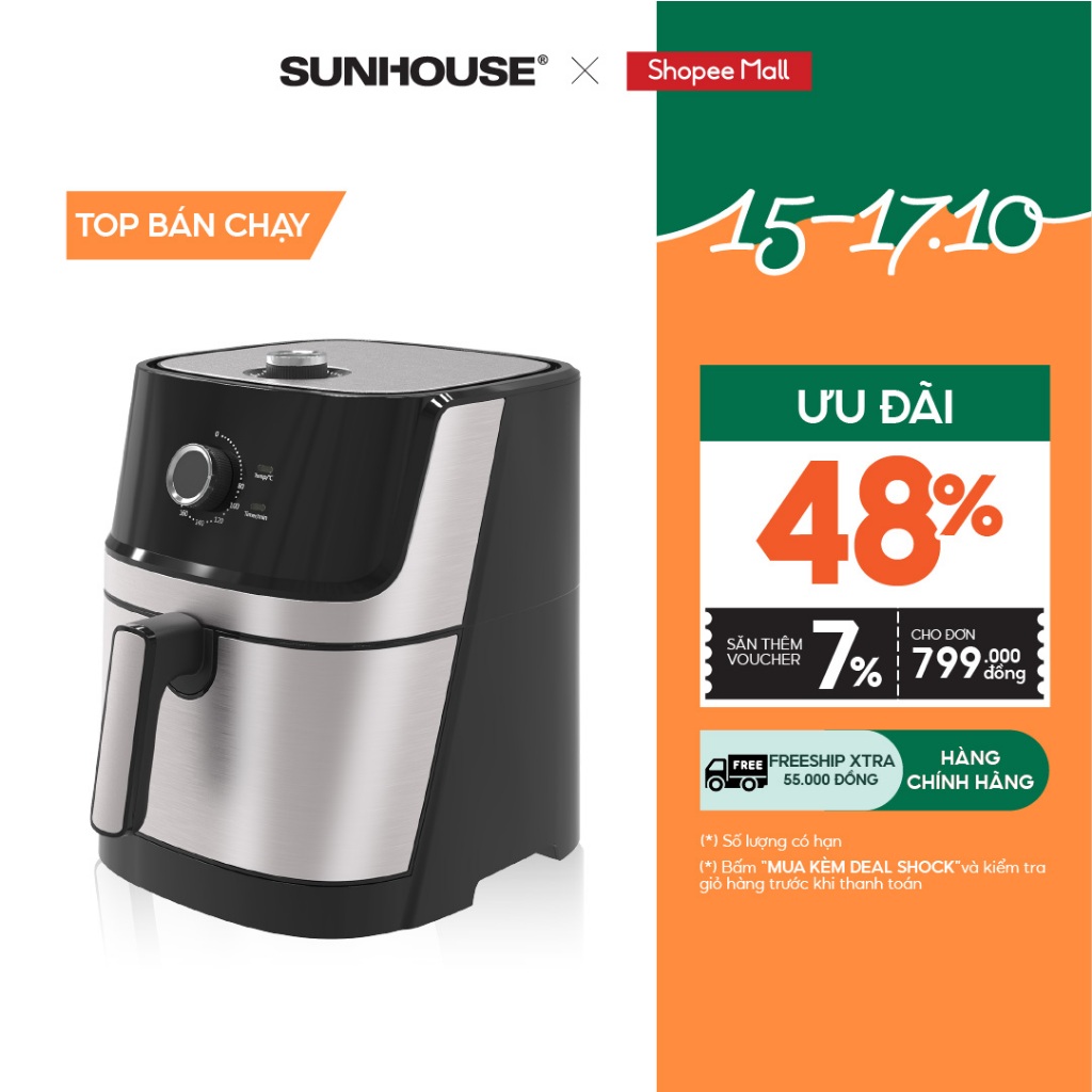 Nồi chiên không dầu 6LSunhouse SHD4027 dung tích 6L, chiên gà vịt nguyên con | Lớp chống dính đa lớp siêu bền, an toàn