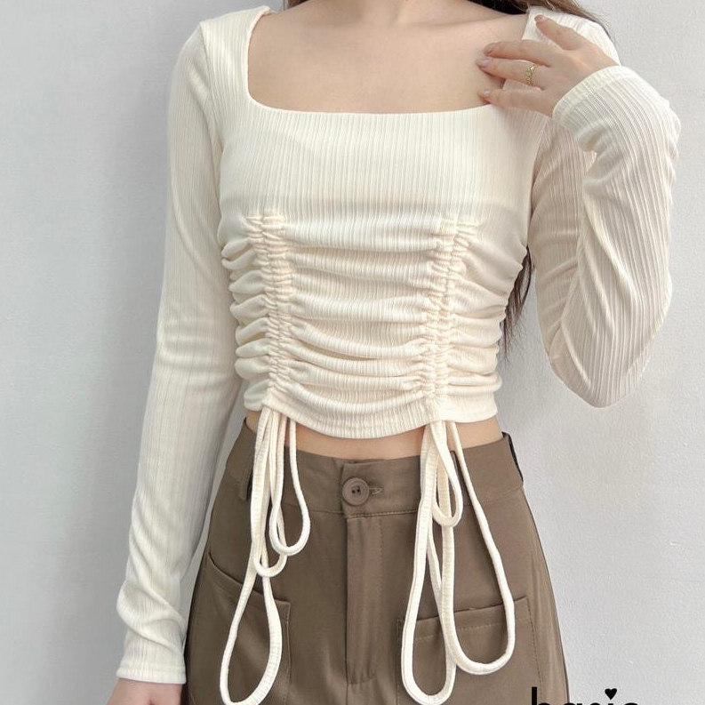 BARE_Áo Croptop Nữ Cổ Vuông Dài Tay Rút Dây Dáng Ôm Phong Cách Hàn Quốc - A233