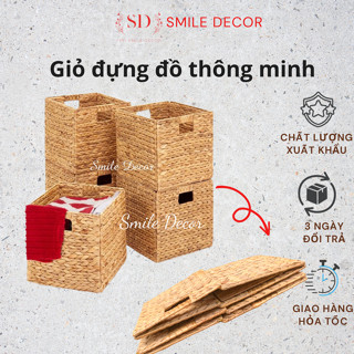 Giỏ vuông đựng đồ đan lục bình gấp gọn Smile Decor , giỏ hộp mây tre đan sắp xếp kệ tổ ong