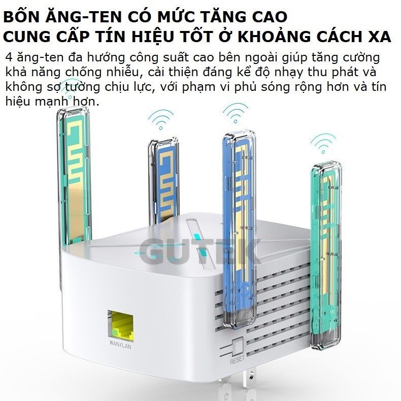 Bộ kích sóng wifi 5G 4 râu Gutek RE1201 tốc độ 1200mbps phát xuyên tường kết nối xa sóng mạnh
