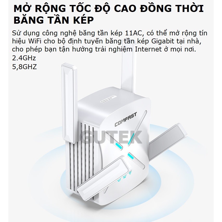 Bộ kích sóng wifi 5G 4 râu Gutek RE1201 tốc độ 1200mbps phát xuyên tường kết nối xa sóng mạnh