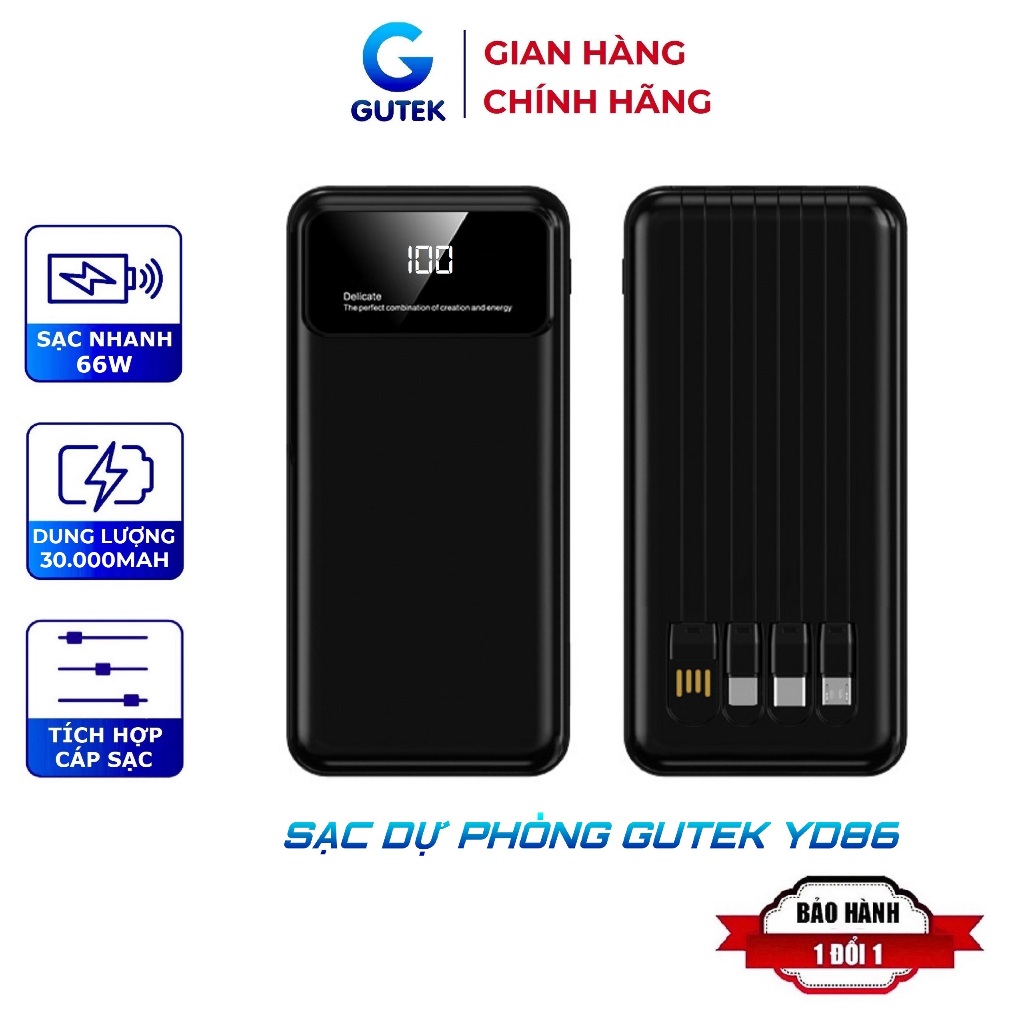 Sạc dự phòng 20000mah 30000mah sạc nhanh 66w dung lượng pin lớn có sẵn dây sạc cho nhiều điện thoại - Gutek YD86