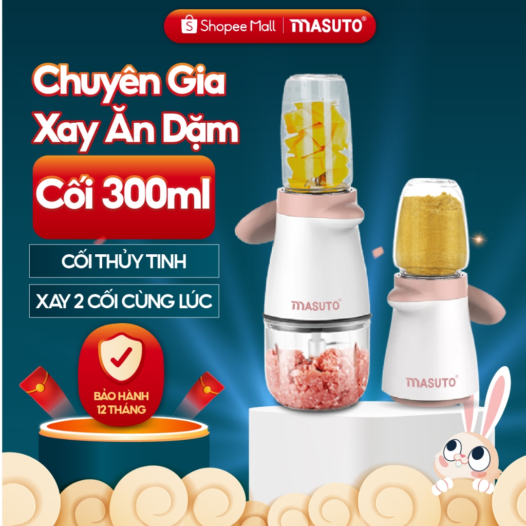 Máy xay thực phẩm đa năng Masuto Blender cho bé ăn dặm 3 cối 0,3L say đá hạt siêu nhuyễn mịn chỉ 10s cối thủy tinh