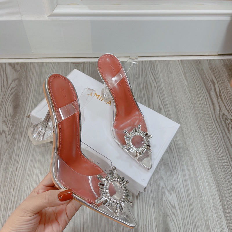 Giày cao gót mica trong đá mặt trời gót loe 9cm hàng cao cấp fullbox