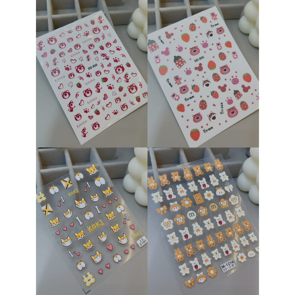 Sticker Gấu Dâu, Sticker lụa 5D miếng dán móng tay nail,sticker hoạt hình sticker nail trang trí móng