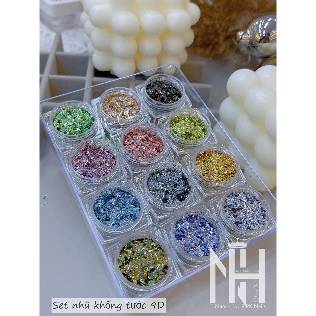 Set nhũ 12 màu siêu sáng,nhũ khổng tước 9D, nhũ ẩn gel cao cấp set nhũ trang trí móng cao cấp, phụ kiện nail chính hãng