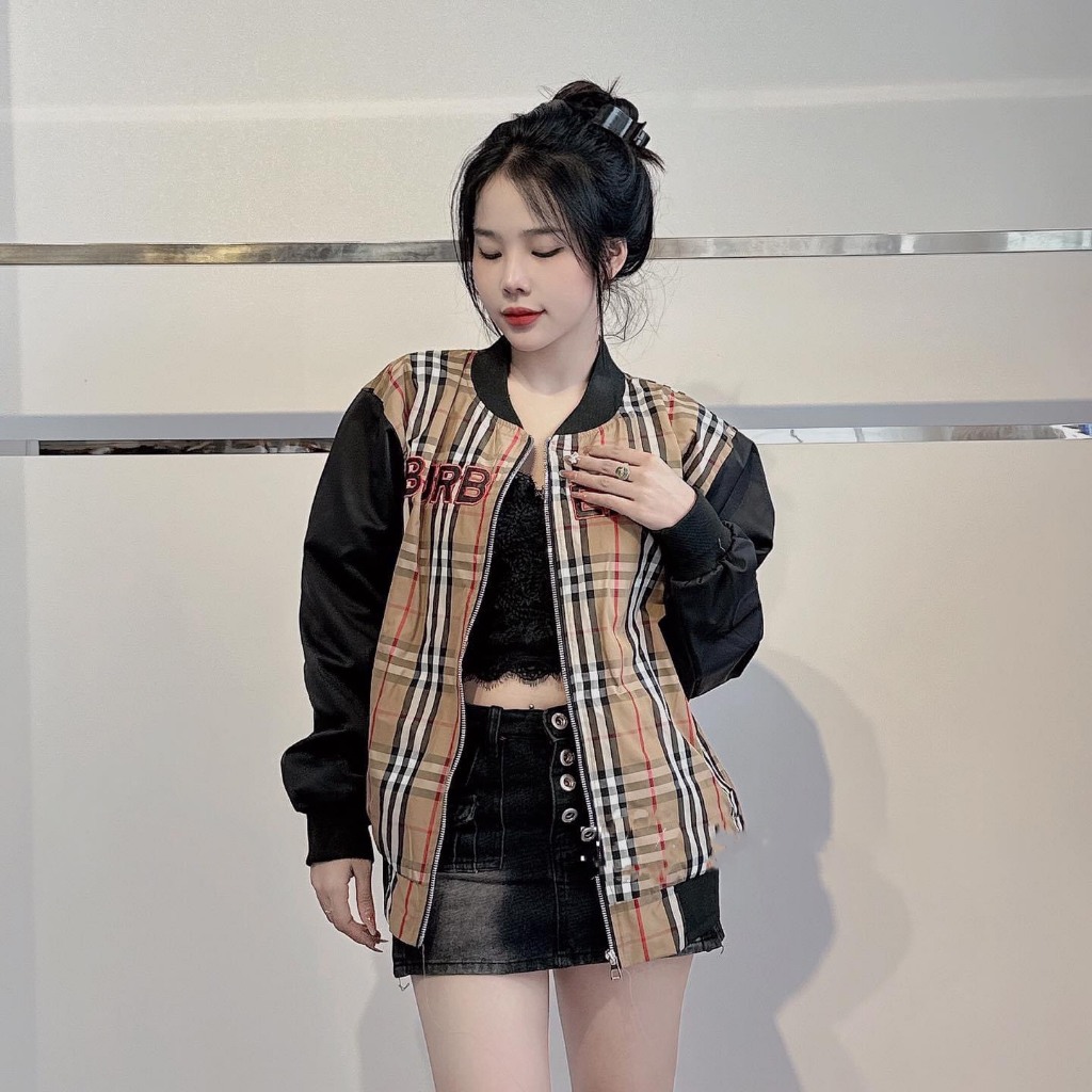 Áo vasity,áo bomber buberry phối kẻ sọc thêu chữ ngang ngực dành cho nam nữ