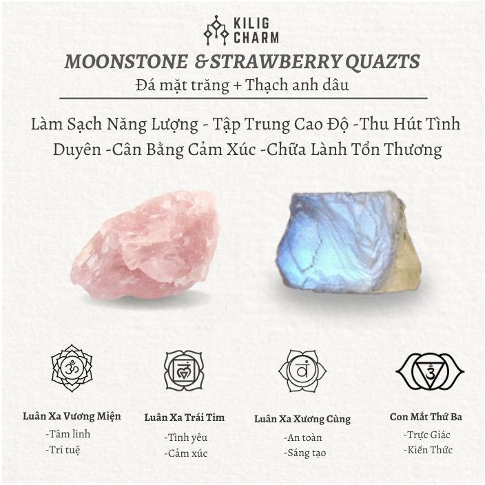 Lắc tay vòng tay bạc năng lượng thạch anh dâu mix đá mặt trăng dành cho nữ thu hút may mắn, tình duyên KC06