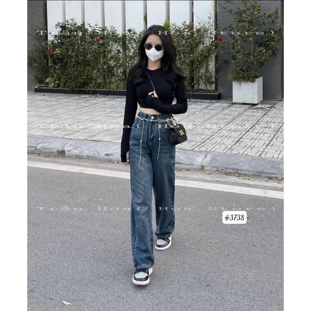 Quần jean ống rộng nữ kiểu viền tua, quần suông dài cạp cao hách dáng phong cách Ulzzang - KiKaJeans M3738