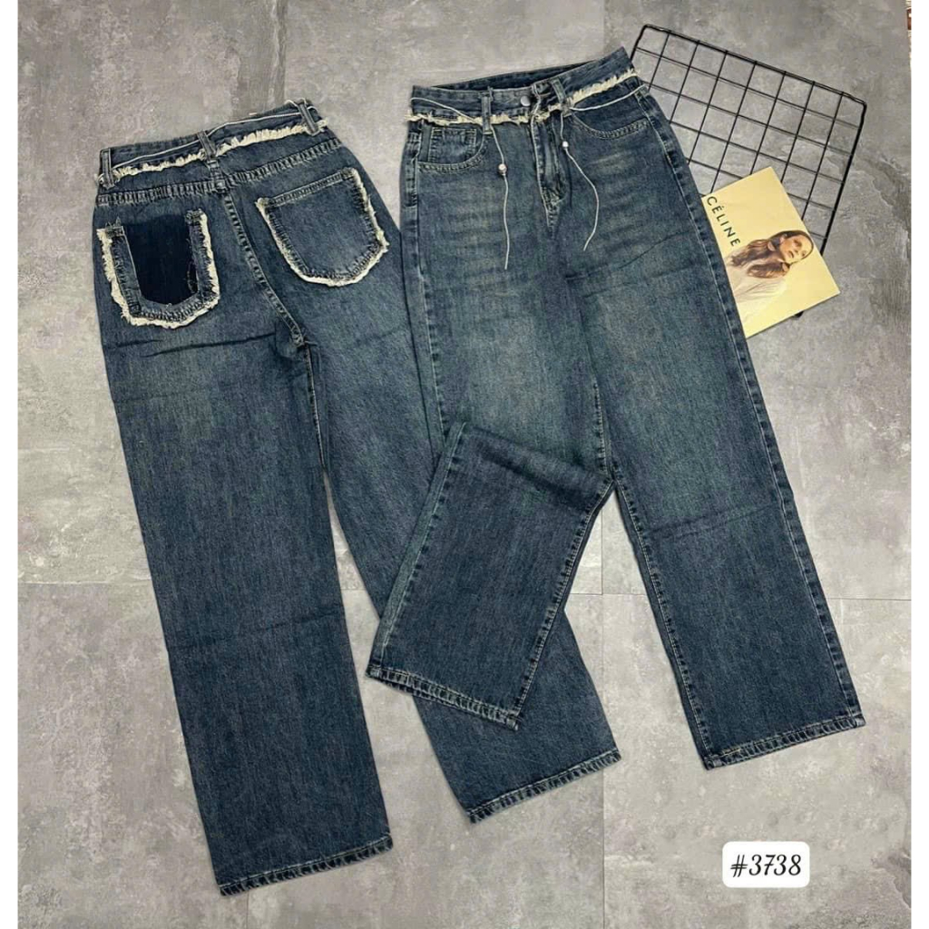 Quần jean ống rộng nữ kiểu viền tua, quần suông dài cạp cao hách dáng phong cách Ulzzang - KiKaJeans M3738