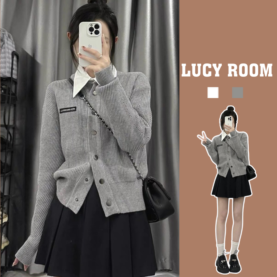 Áo cardigan nữ dài tay xám LUCYROOM áo khoác len nữ dài tay mùa thu đông cúc bấm A003 phong cách nữ sinh Hàn Quốc - Hàng