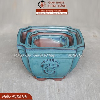 Chậu trồng cây bộ 3 - Dáng vuông - Men hỏa biển - Gốm sứ Bát Tràng
