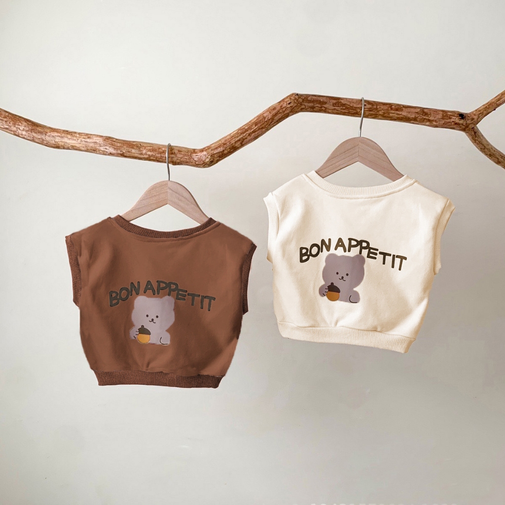 TE442- Áo gile cho bé trai bé gái Hokiha Kids chất da cá mềm mại, co giãn hình in gấu size 8-17kg