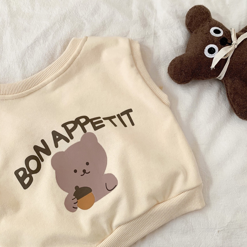 TE442- Áo gile cho bé trai bé gái Hokiha Kids chất da cá mềm mại, co giãn hình in gấu size 8-17kg