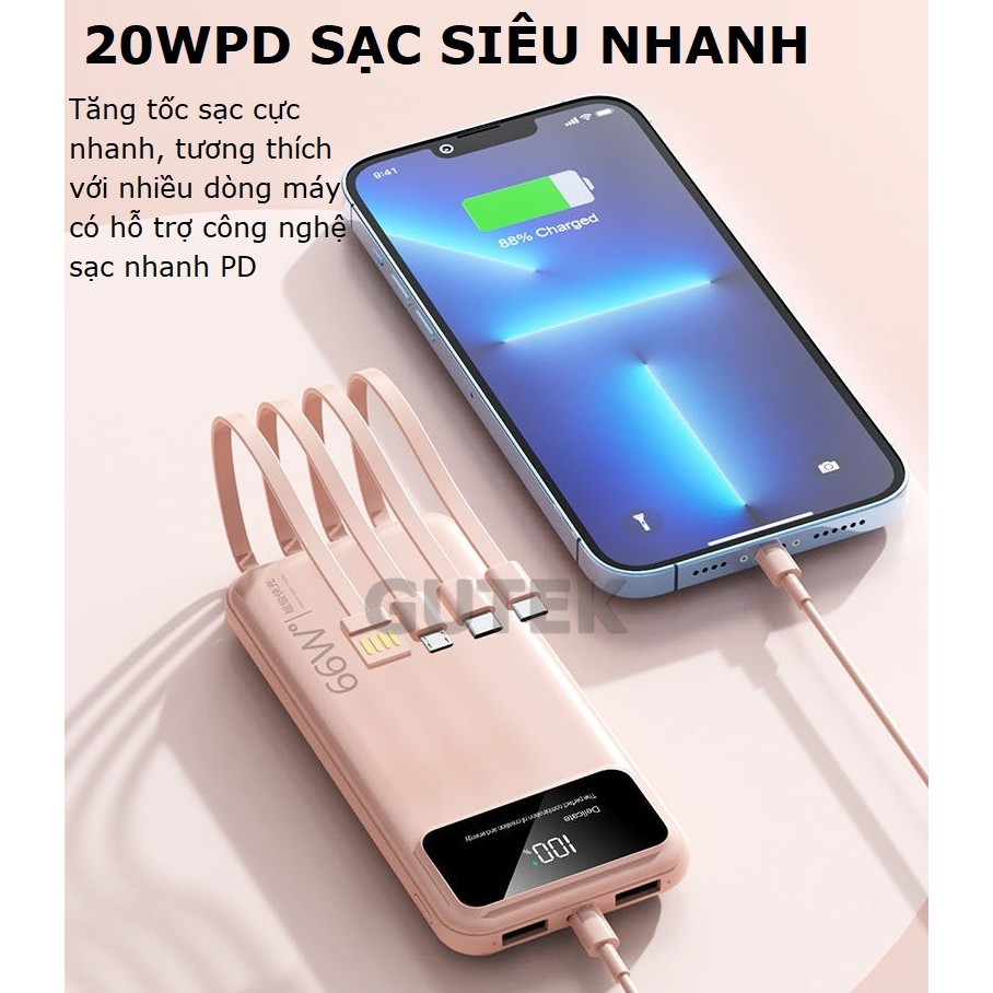 Sạc dự phòng 20000mah 30000mah sạc nhanh 66w dung lượng pin lớn có sẵn dây sạc cho nhiều điện thoại - Gutek YD86