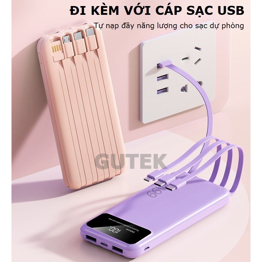 Sạc dự phòng 20000mah 30000mah sạc nhanh 66w dung lượng pin lớn có sẵn dây sạc cho nhiều điện thoại - Gutek YD86