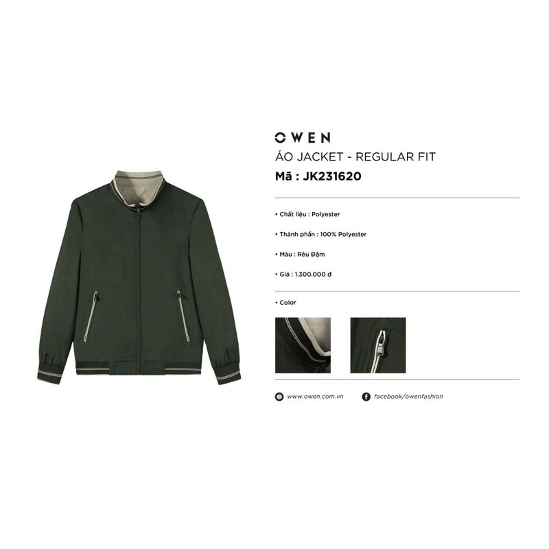 Áo khoác gió owen 2 lớp màu rêu đậm regular fit JK231620