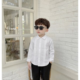 Áo sơ mi trắng cổ đức dài tay Beemo xếp ly nổi phong cách Hàn quốc, công tử cho bé